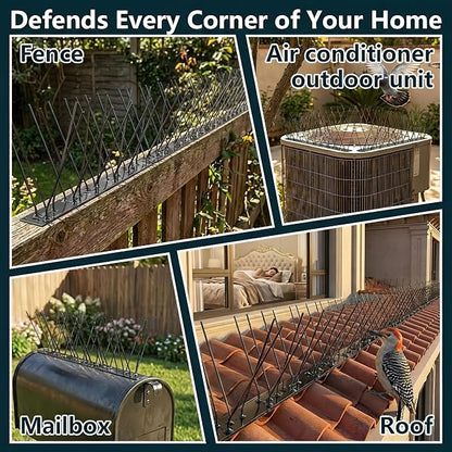 Stainless Steel Bird Spikes for Pigeons,Pre-Assembled,Anti Bird Deterrent Spikes for Woodpeckers, Squirrels, Raccoons，Weatherproof Fence Spikes for Roof, Railing,Patio, Black, 24.6 Feet