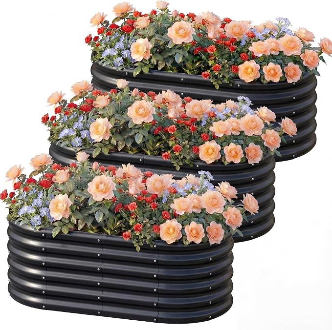 AHEONLAR 3 Pack 4×2×1.5ft Galvanized Raised Garden Bed Outdoor, Sturdy Planter Boxes for Vegetables, Fruits, Flowers and Plants, Easy Assembly, Black