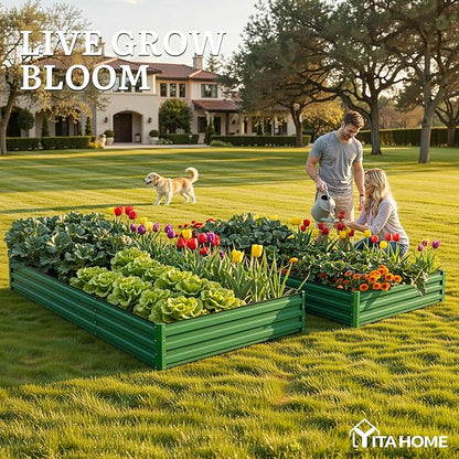 YITAHOME 2pcs 8x4x1ft Galvanized Raised Garden Bed, Metal Planter Box with Safety Rubber, Gloves, Outdoor Flower Bed for Planting Plants Vegetables, Green