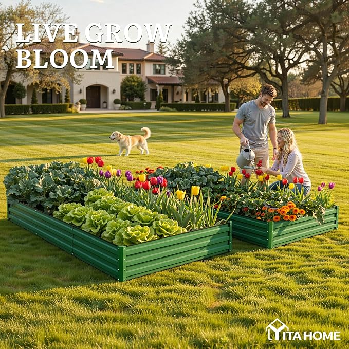 YITAHOME 4pcs 8x4x1ft Galvanized Raised Garden Bed, Metal Planter Box with Safety Rubber, Gloves, Outdoor Flower Bed for Planting Plants Vegetables, Green