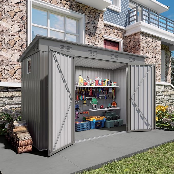 Outdoor Metal Storage Shed, Galvanized Steel Garden Shed with Sloped Roof & Vents, Waterproof Rust-Resistant Backyard Tool Shed for Patio Lawn Garden Trash Can Storage, Easy Assembly