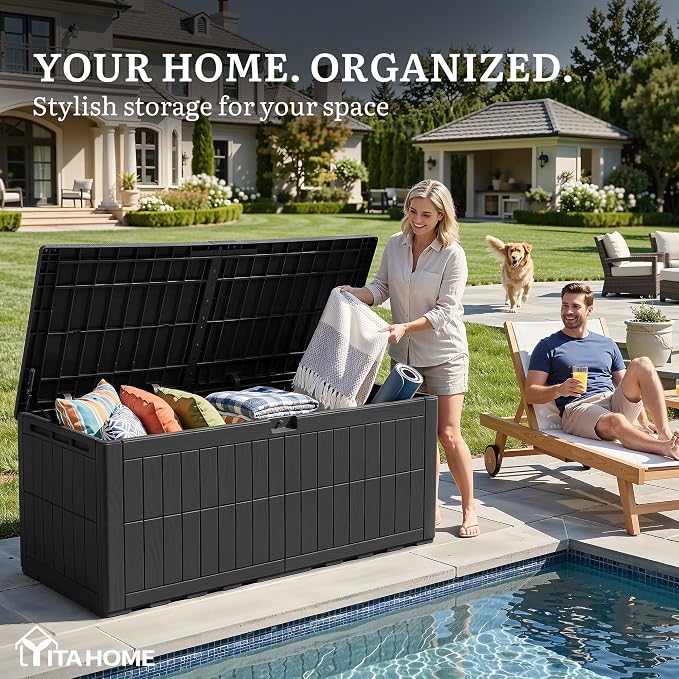 YITAHOME 200 Gallon Large Outdoor Storage Box XL Resin Deck Box with Lock | Waterproof Patio Furniture Bin and 3-Person Bench Seating for Garden Tools & Pool Accessories, Black