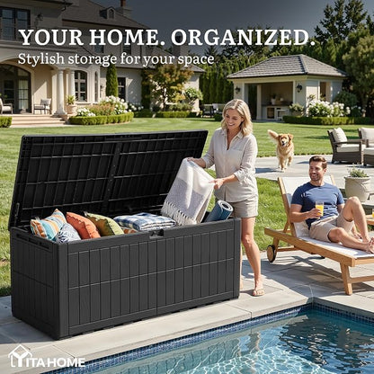 YITAHOME 200 Gallon Large Outdoor Storage Box XL Resin Deck Box with Lock | Waterproof Patio Furniture Bin and 3-Person Bench Seating for Garden Tools & Pool Accessories, Black