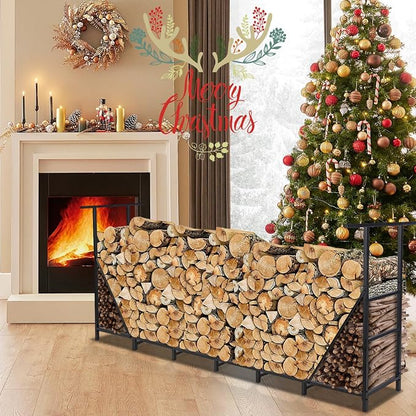HONEST OUTFITTERS 8ft Firewood Rack Outdoor, Adjustable Heavy Duty Firewood Holder, Adjustable Wood Racks for Outdoor Indoor, Metal Log Racks for Firewood with Firewood Bag Carrier, Black