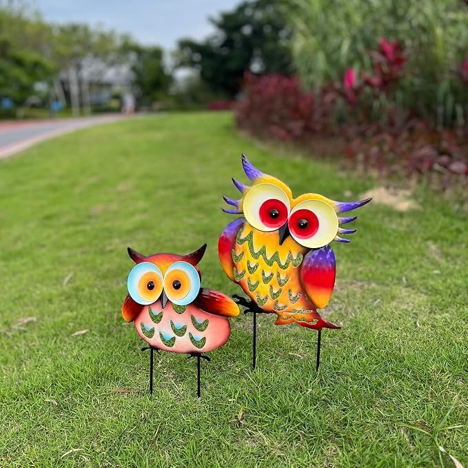 Pack of 2 Metal Fresh Color Owl Garden Statues Silhouette Owl Stakes Decorative Outdoor Statues Animal Sculptures for Yard Décor and Lawn Ornaments, MX202303-1 | Weatherproof metal. Fresh colored 2-pack silhouette stakes. Perfect for garden, yard, pati...