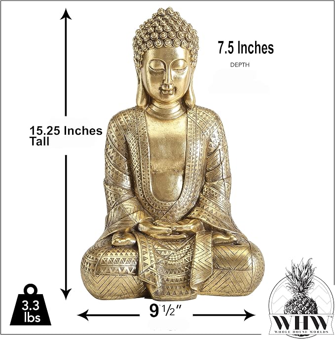 Large Gold Buddha Statue, 15.25 Inch Seated Meditation Sculpture