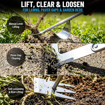 3-Piece Stainless Steel Weed Puller Tool Set | Narrow crevice profile,Reinforced joints,1.4 in steel core,Paver gap use,Storage bag and gloves