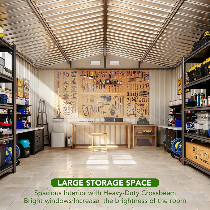 MXV 10 x 8FT Outdoor Storage Shed, Metal Garden Shed with Windows, Double Lockable Doors & Sloped Roof, Magnetic Solar Lamp, Waterproof Tool Sheds for Backyard Garden Patio Lawn, Brown