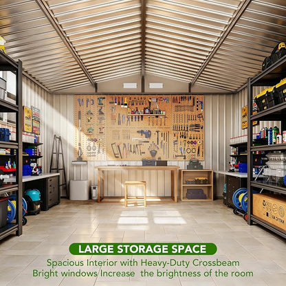 MXV 10 x 8FT Outdoor Storage Shed, Metal Garden Shed with Windows, Double Lockable Doors & Sloped Roof, Magnetic Solar Lamp, Waterproof Tool Sheds for Backyard Garden Patio Lawn, Brown