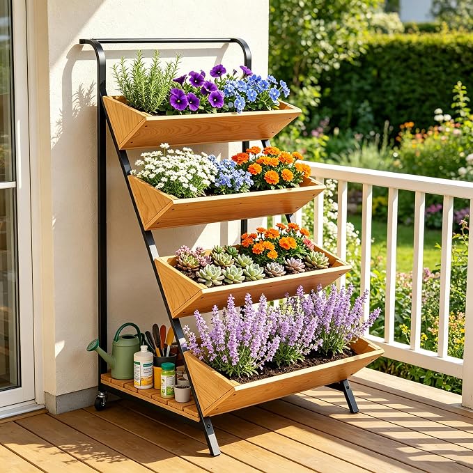 4-Tier Vertical Garden Planter on Wheels, Tiered Planter Outdoor with Storage Shelf for Vegetables Flowers Herbs, Mobile Vertical Planter Garden Bed with Handle for Patio Yard, Brown