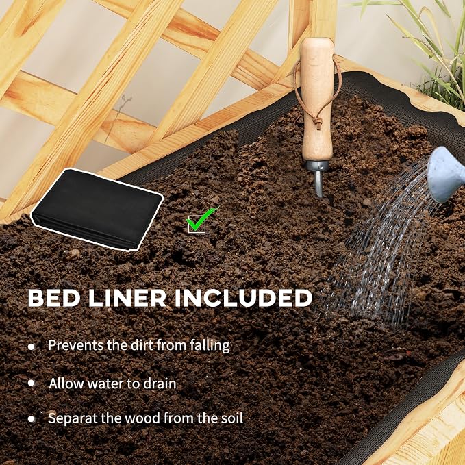 Outsunny Wooden Planter with Trellis, Raised Garden Bed with Hanging Roof, Plant Shelf, Drainage Holes and Bed Liner, for Climbing Plants, Vegetables, Flowers, 30" x 13" x 70", Natural