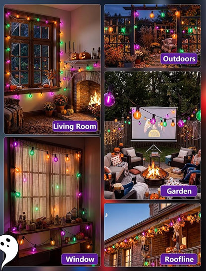 LED Outdoor String Lights 25Ft Orange Purple and Green Halloween Lights Outdoor with 27 Shatterproof LED Globe Bulbs, Connectable Halloween Decorations Lights for Home Patio Garden Christmas Party
