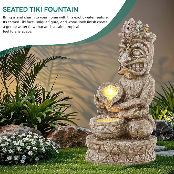 23" H Tiki Statue Outdoor Water Fountain with LED Lights | 2-Tier Tropical Artistic Water Feature with Soothing Cascading Waterfall for Relaxing Meditative Patio Backyard or Porch