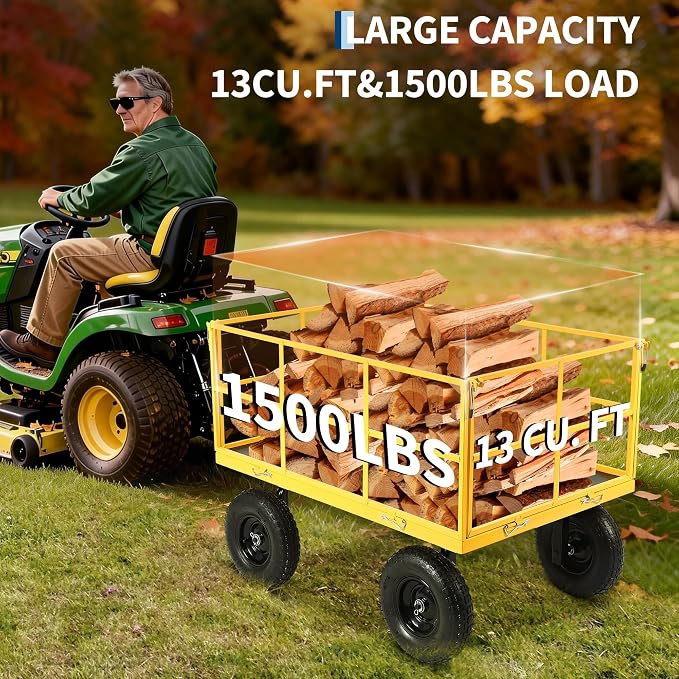 Heavy Duty 1500 Lbs Capacity Mesh Steel Garden Cart Folding Utility Wagon with Removable Sides, Garden Cart on Wheels for Gardening Soil, Tools, and Plant Transport