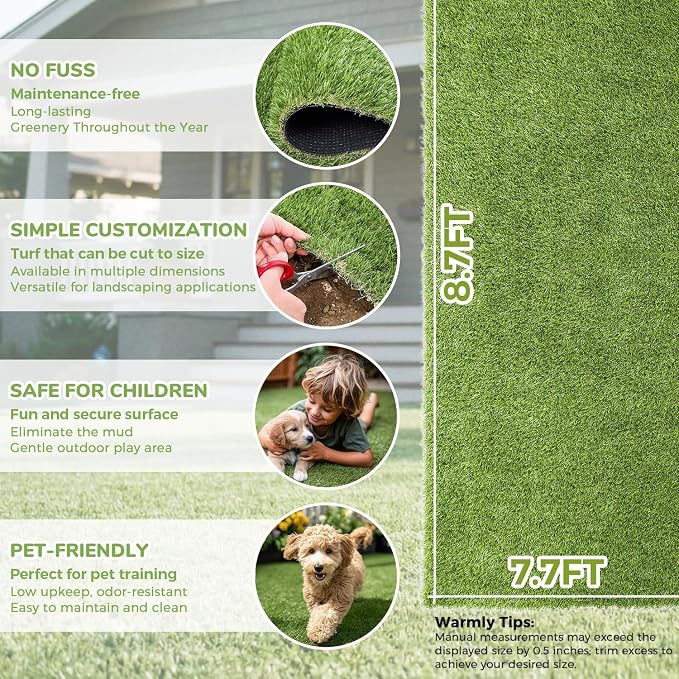 Artificial Grass Rug Indoor Outdoor, 7.7 x 8.7FT Faux Grass Turf with Drainage Holes, Realistic Artificial Lawn Rug Dog Pets Mat, Turf Carpet for Garden Lawn Landscape Balcony Patio Backyard Decor