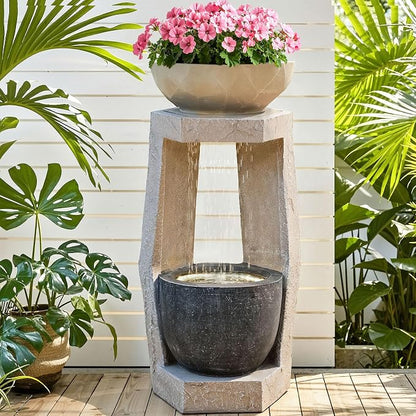 32" Modern Geometric Outdoor Fountain with Birdfeeder | Two Bowls Water Feature with LED Lights, Resin Soothing Cascading Waterfall for Patio, Backyard, Garden or Porch