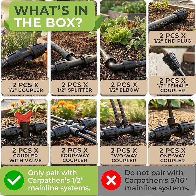 Carpathen Drip Irrigation Parts - Set 18PCS 1/2 and 1/4 inch Fittings Kit for Quick Connect System - Leak Free Accessories Connectors - Tees, Elbows, End Plugs, 4Way 2Way and 1Way Coupling, Splitters