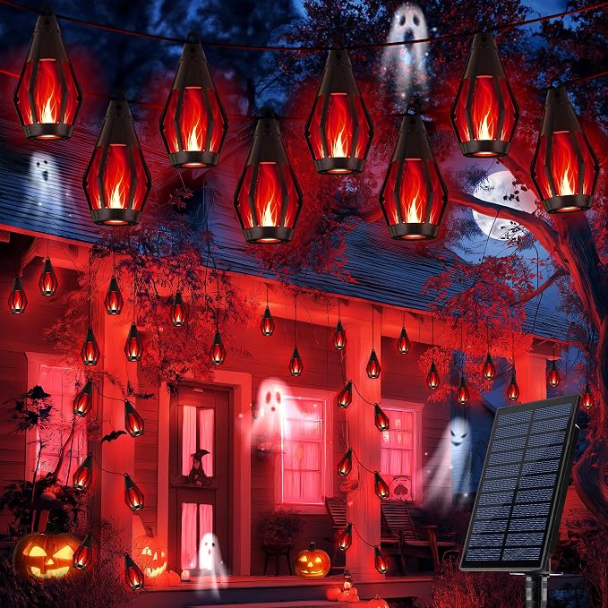 iBaycon 42Ft 15 LED Solar Flame Halloween String Lights, Red | Ultra-Real Flickering Flame Lamp Outdoor Waterproof, Solar Patio String Lights for Garden Yard Lawn Halloween Decorations