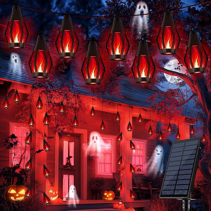 iBaycon 42Ft 15 LED Solar Flame Halloween String Lights, Red | Ultra-Real Flickering Flame Lamp Outdoor Waterproof, Solar Patio String Lights for Garden Yard Lawn Halloween Decorations