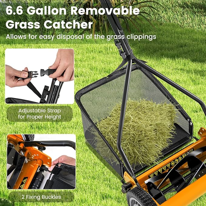 Goplus Manual Lawn Mower, 14 Inch 5-Blade Walk-Behind Cordless Grass Cutter with 7 Gallon Removable Grass Collect Bag, Adjustable Cutting Heights, Push Reel Lawn Mower for Yard, Garden