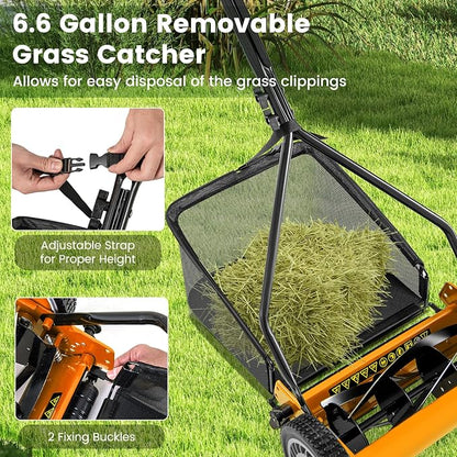 Goplus Manual Lawn Mower, 14 Inch 5-Blade Walk-Behind Cordless Grass Cutter with 7 Gallon Removable Grass Collect Bag, Adjustable Cutting Heights, Push Reel Lawn Mower for Yard, Garden
