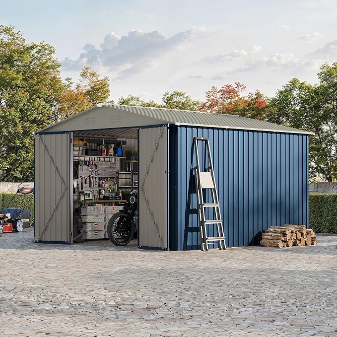 Garvee 10x10 FT Metal Storage Shed – Lockable Doors, Floor Frame, Blue | Spacious 10x10 interior – stores bikes, tools, and more.