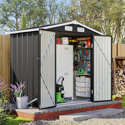 6x4FT Outdoor Storage Shed with Base Black | Metal Garden Tool Shed with Sloping Roof & Lockable Door for Garden, Patio, Backyard