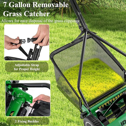 Goplus Manual Lawn Mower, 14 Inch 5-Blade Walk-Behind Cordless Grass Cutter with 7 Gallon Removable Grass Collect Bag, Adjustable Cutting Heights, Push Reel Lawn Mower for Yard, Garden