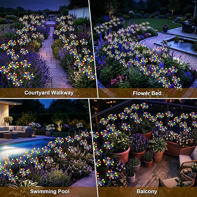 Solar Garden Lights Outdoor, 2 Pack New Upgraded Solar Swaying Starburst Light, Waterproof Fireworks Solar Lights, Yard Patio Pathway Decoration, Multicolor