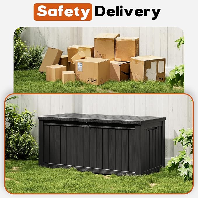 Outdoor Storage Box, Resin Deck Boxes Indoor and outdoor, Waterproof Storage Box Lockable Lid (Black,150 Gallon)