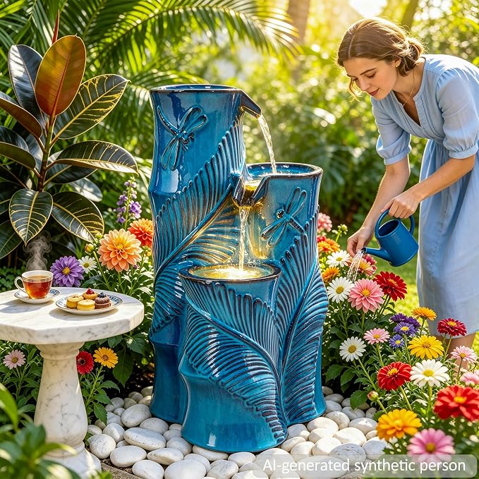 Autodaya Ceramic Outdoor Water Fountain with Lights, Turquoise Bamboo-Style | 3-Tier Cascading Waterfall, Natural Water Feature with Tropical Leaf, Dragonfly Texture, Soothing Oasis for Garden Patio Yard