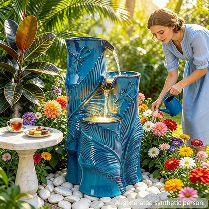 Autodaya Ceramic Outdoor Water Fountain with Lights, Turquoise Bamboo-Style | 3-Tier Cascading Waterfall, Natural Water Feature with Tropical Leaf, Dragonfly Texture, Soothing Oasis for Garden Patio Yard