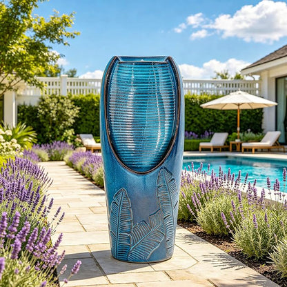 Autodaya 33" H Ceramic Jar Outdoor Water Fountain, Banana Leaf-Texture | Artisan High-Fired Glaze, Warm Ambient LED Lighting, Upgraded Pump, Soothing Cascading Water Feature For Garden Patio Yard