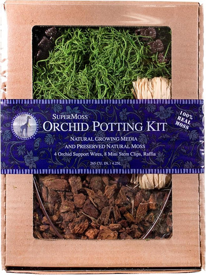 SuperMoss (90445 Orchid Potting Kit, Complete Orchid Care Set with Preserved Moss, Orchid Bark, Floral Clips and Stakes, 120 Cu. in., Spanish Moss, Green