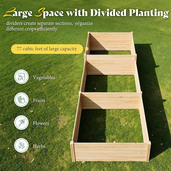 SPECRAFT 2-Tier Raised Garden Bed, 23-Inch Deep Fir Wood Planter Box with Mortise & Tenon Structure, 3-Section Open Base for Vegetable, Flowers & Herb, for Backyard, Garden, Patio, 142 x 49 x 24 in