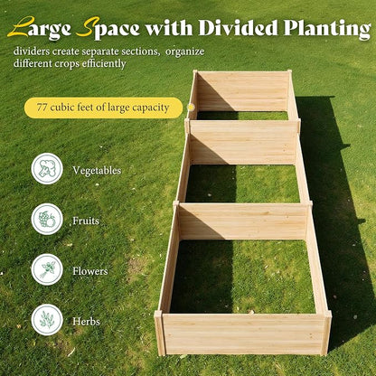 SPECRAFT 2-Tier Raised Garden Bed, 23-Inch Deep Fir Wood Planter Box with Mortise & Tenon Structure, 3-Section Open Base for Vegetable, Flowers & Herb, for Backyard, Garden, Patio, 142 x 49 x 24 in
