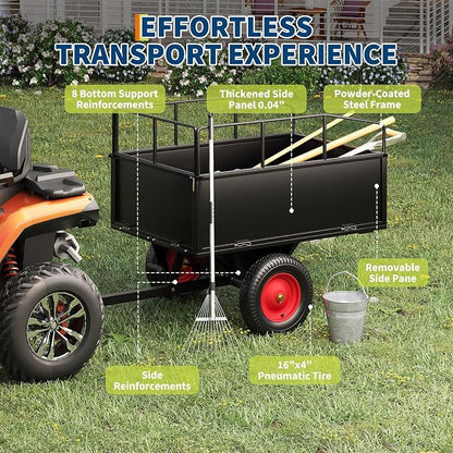 PeakPursuit Tow Behind Steel Dump Cart, Heavy Duty Yard Garden Trailer with Removable Sides & All Terrain Tires, Fits Lawn Mower, Tractor, Garden Cart, 750 lbs 17 Cubic Feet, Black