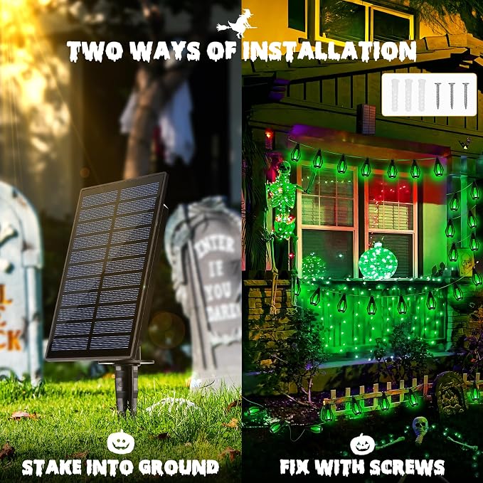 iBaycon 27Ft 10 LED Solar Flame Halloween String Lights, Green | Ultra-Real Flickering Flame Lamp Outdoor Waterproof, Solar Patio String Lights for Garden Yard Lawn Halloween Decorations