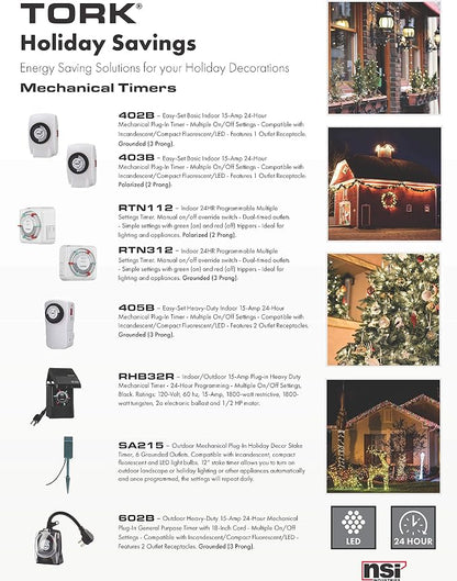 NSi Industries TORK RTN312 Indoor 15-Amp Plug-in Heavy Duty Mechanical Appliance Timer 24-Hour Programming – GREEN & RED Trippers TWO Receptacles White