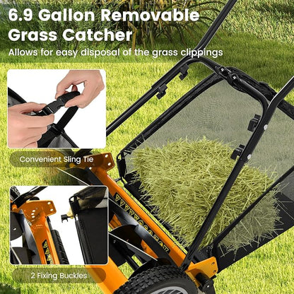 IRONMAX Lawn Mower, 16 Inch Push Reel Lawn Mower with 5 Steel Blades, Adjustable Cutting Heights, Grass Catcher Bag, Walk-Behind Manual Lawnmower for Garden Park Yard, No Motor (Orange, 16 Inch)