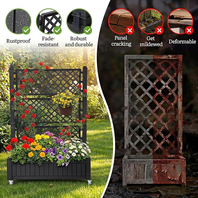 YITAHOME 43.3x17.7x61 in Planter Trellis Box with Wheels & Drain Plug, Outdoor Resin Raised Garden Bed for Climbing Plants, Large Weather-Resistant Design, Black