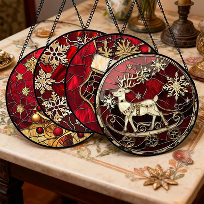 DASTOLL Stained Glass Window Hanging 4 Pcs Set Red Christmas Elk Snowflakes 7.8" - Deer Suncatcher Door Garden Sun Catcher Decor Birthday for Mom Woman Nana Men Friend