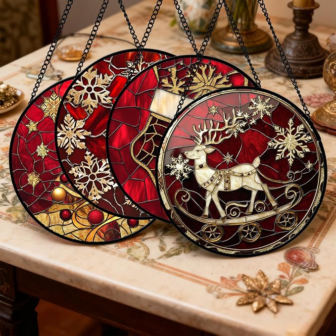 DASTOLL Stained Glass Window Hanging 4 Pcs Set Red Christmas Elk Snowflakes 9.8" - Deer Suncatcher Door Garden Sun Catcher Decor Birthday for Mom Woman Nana Men Friend
