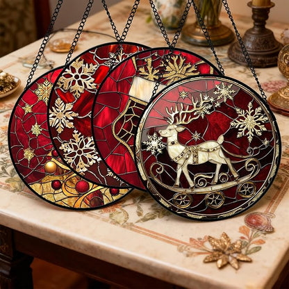 DASTOLL Stained Glass Window Hanging 4 Pcs Set Red Christmas Elk Snowflakes Large 15" - Deer Suncatcher Door Garden Sun Catcher Decor Birthday for Mom Woman Nana Men Friend