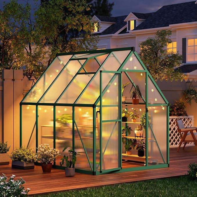 CABIHOME 8x12 FT Outdoor Greenhouse, Polycarbonate Greenhouse with Roof Vent and Ground Nails, Aluminum Large Walk-in Green House w/ Lockable Push Door for Outdoor Garden (Green, 6x7 FT)