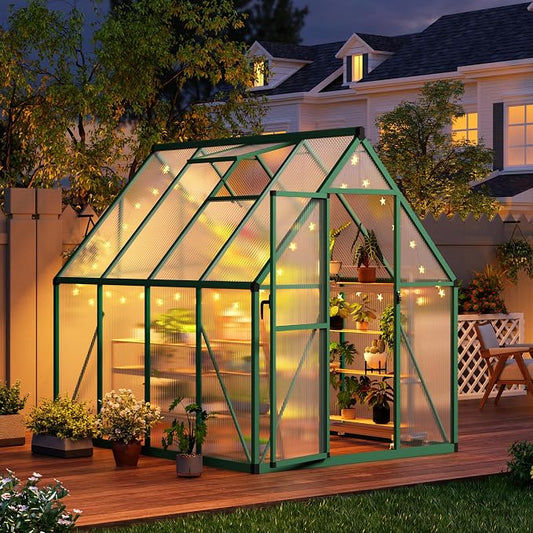 CABIHOME 8x12 FT Outdoor Greenhouse, Polycarbonate Greenhouse with Roof Vent and Ground Nails, Aluminum Large Walk-in Green House w/ Lockable Push Door for Outdoor Garden (Green, 6x7 FT)