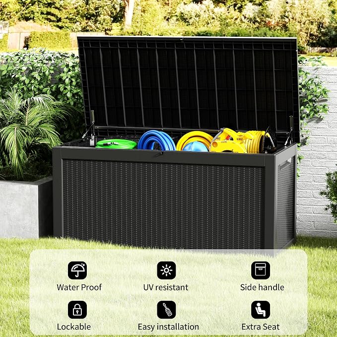 325 Gallon Outdoor Storage Box, Extra Large Waterproof Resin Deck Box with Lockable Lid Storage Bin for Patio Furniture Cushion, Garden Tools, Pool Accessories, UV-Resistant Outside, Black