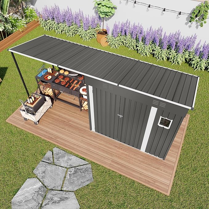 YOPTO 12x4 FT Metal Lean to Shed with Open-Sided Pergola,4x6 FT Outdoor Storage Shed & 6x4 FT Attached Hardtop Gazebo Combo,2-in-1 Durable Garden Tool Shed for Patio, Backyard, Deck,Gray