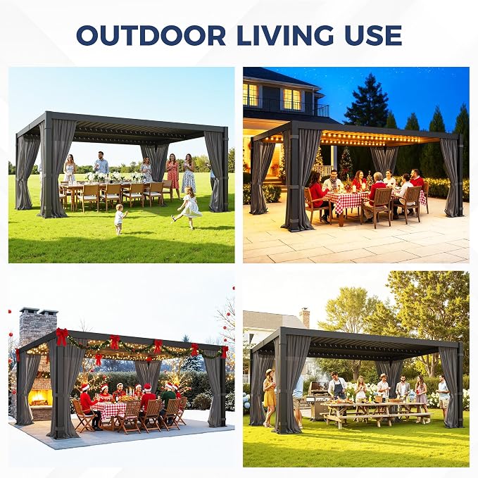 12' x 16' Louvered Pergola, Aluminum Frame Outdoor Pergola with Curtains & Netting, Adjustable Louvered Roof & Integrated Gutter System, Hardtop Patio Gazebo for Backyard, Patio, Garden, Dark Gray