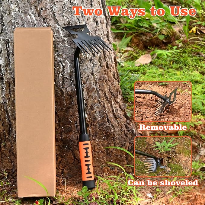 BokingOne Portable Weed Removal Tool - 8-Prong Manganese Steel with Black Baked Rust-Proof Coating for Garden Lawn Farm, Non-Slip Rubber Handle
